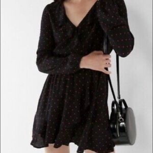 Express black and red polkadot ruffle V-neck dress